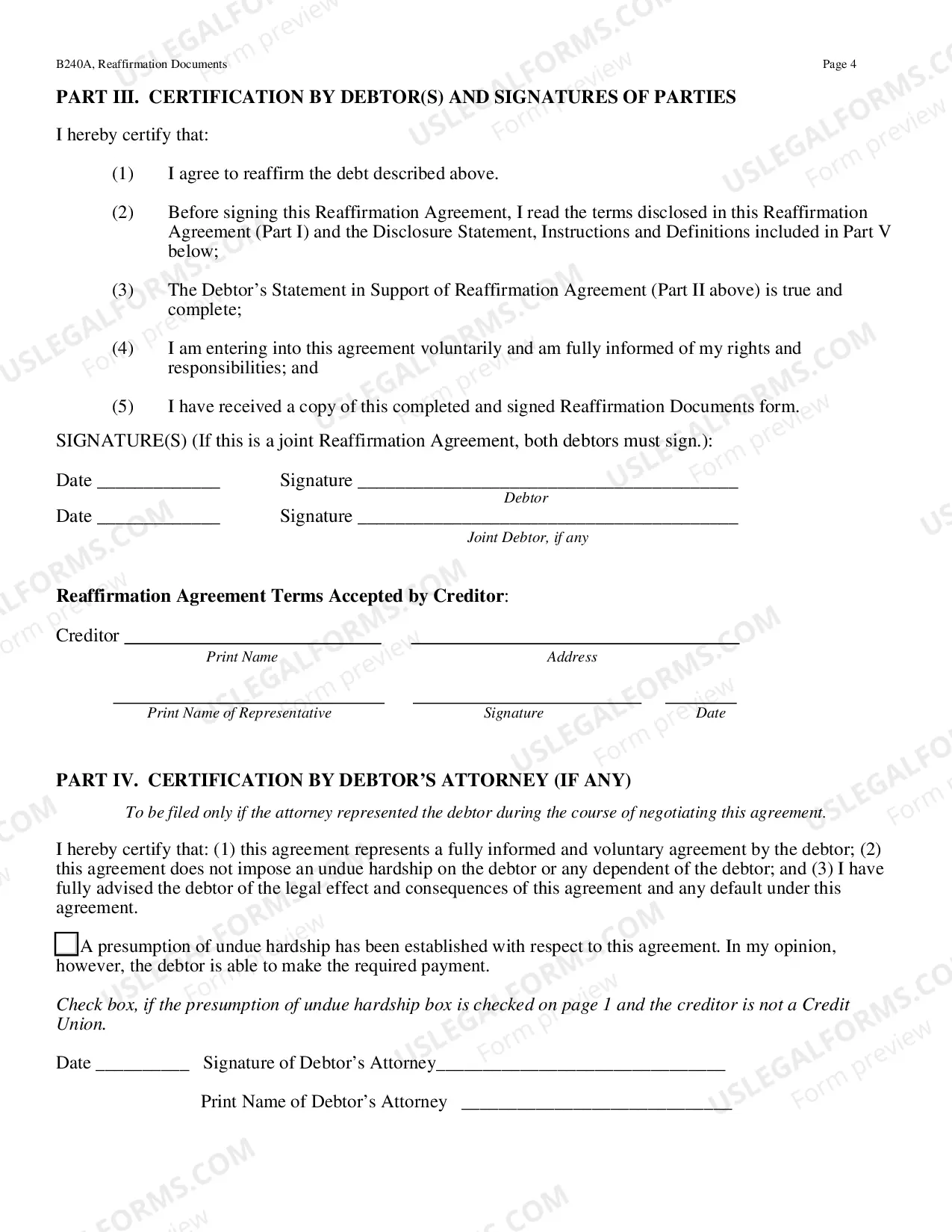 Preview Reaffirmation Documents Packet (Form B240A)(04/10)
