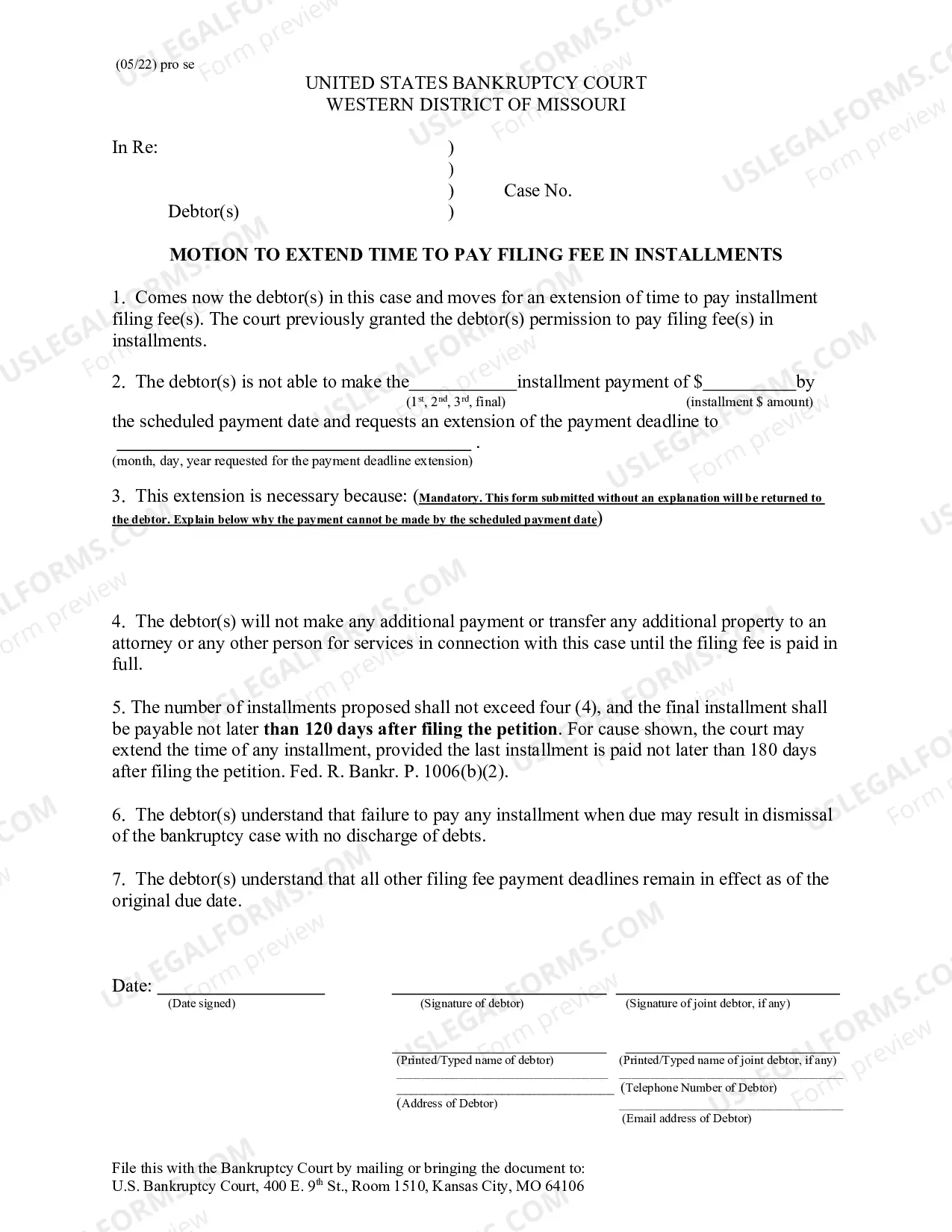 Preview Motion to Extend Time to Pay Installment Filing Fee - Pro Se
