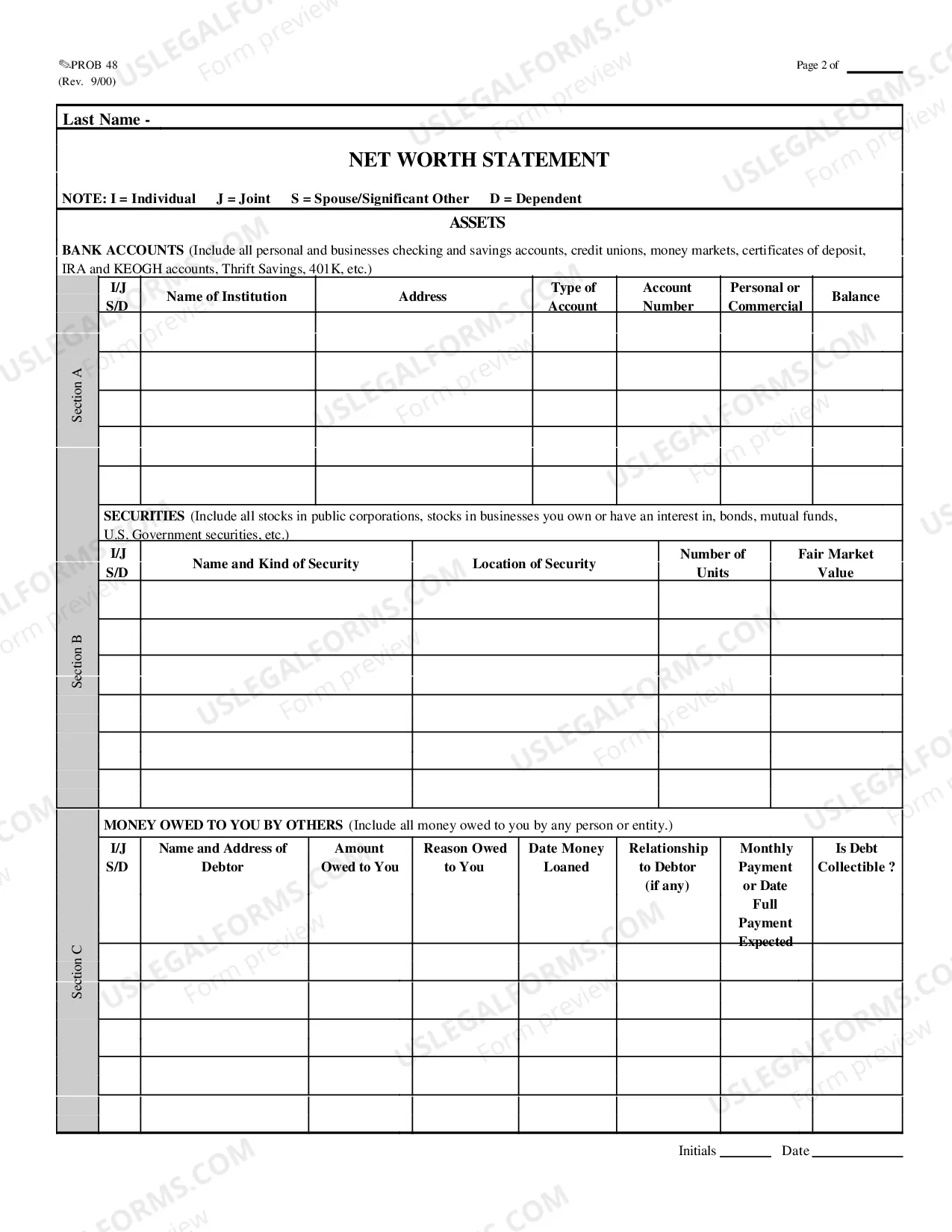 Preview Net Worth Statement (Long Form)