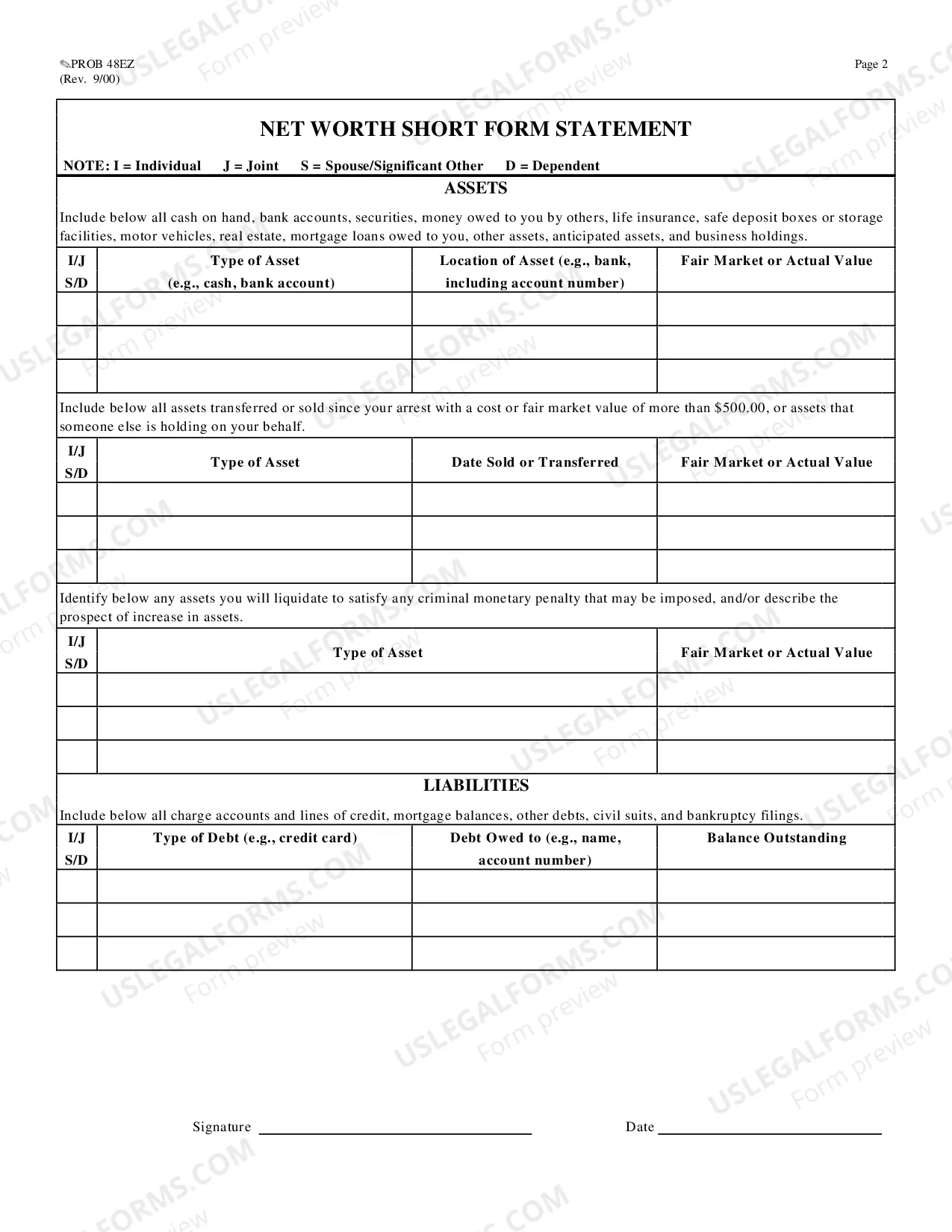 Preview Net Worth Statement (Short Form)