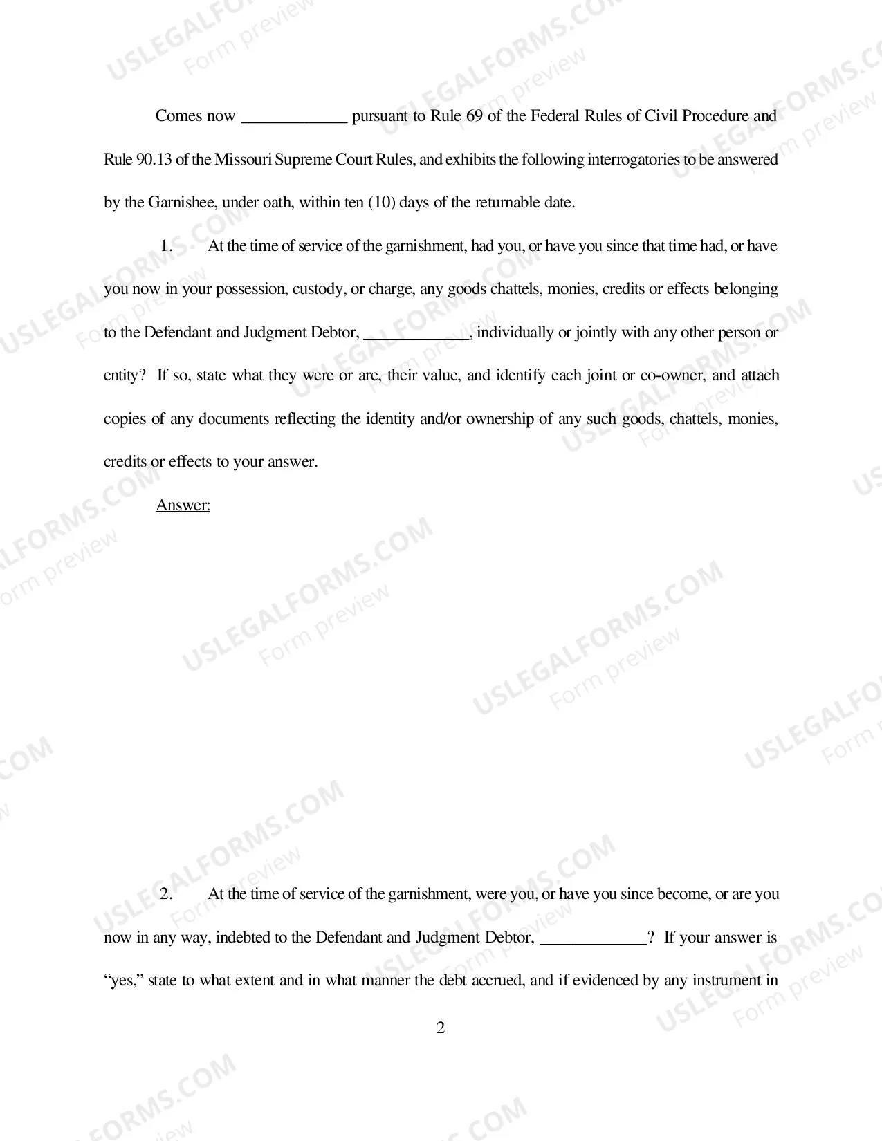 Preview Interrogatories Directed To Garnishee (Writ of Execution)