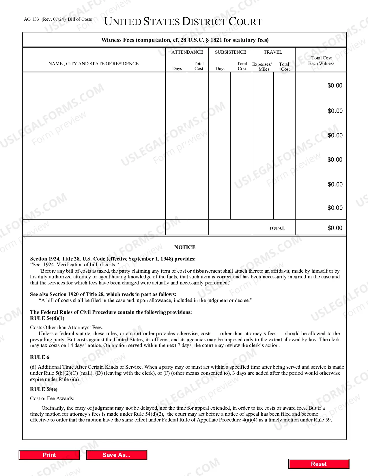 Preview Bill of Costs