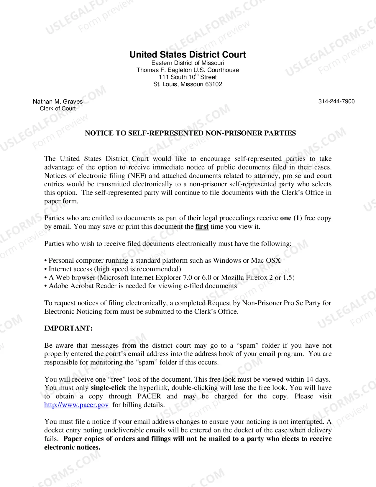 Preview Notice to Pro-Se Non-Prisoner Parties