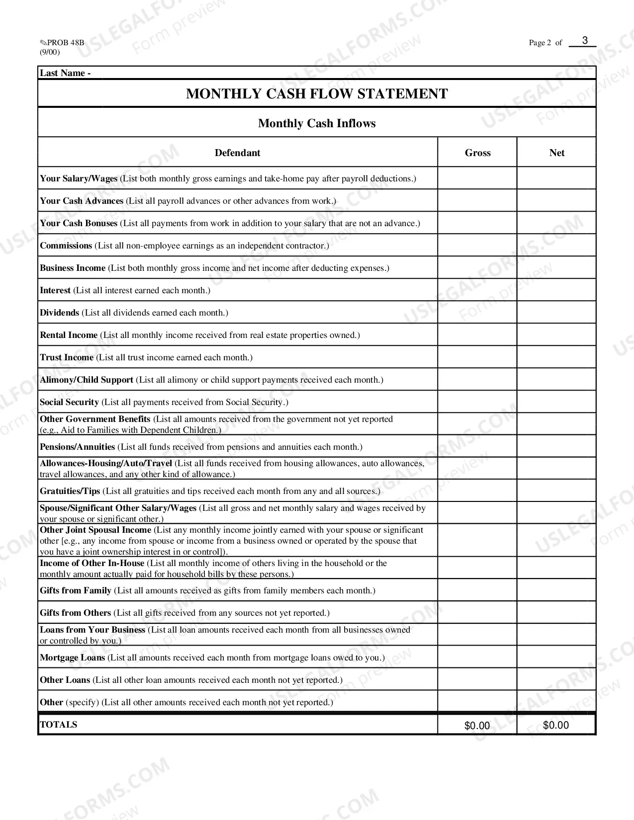 Preview Instructions for Completing Monthly Cash Flow Statement
