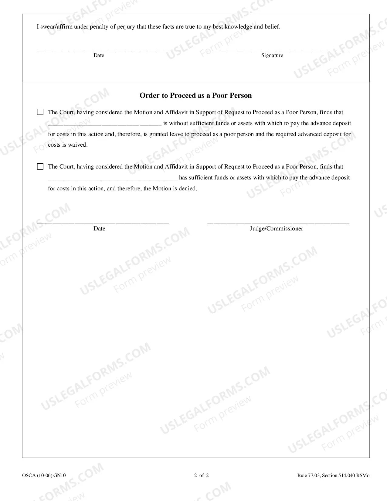 Preview Motion and Affidavit in Support of Request to Proceed As a Poor Person