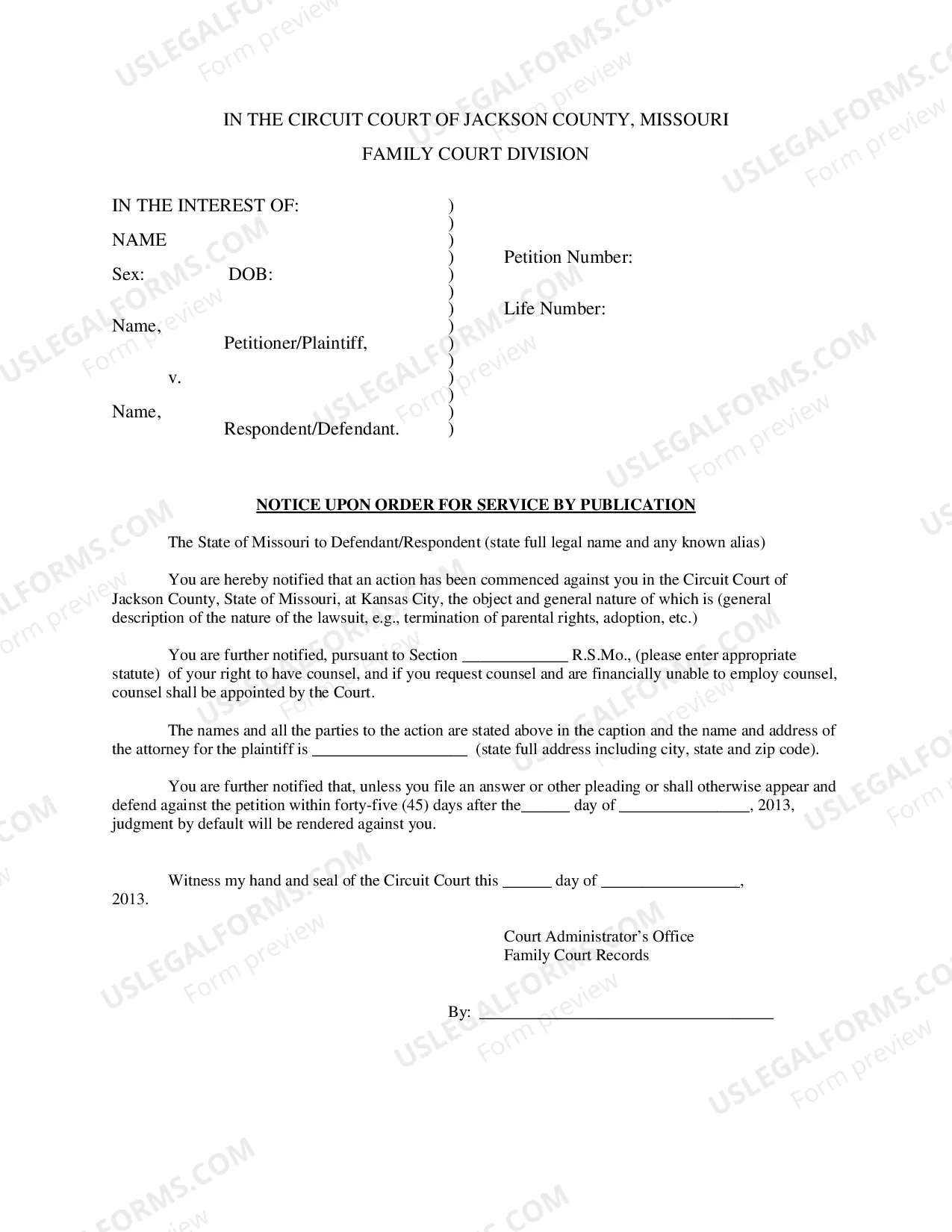Preview Publication Sample Affidavit, Order, and Notice in Juvenile & Adoption Cases