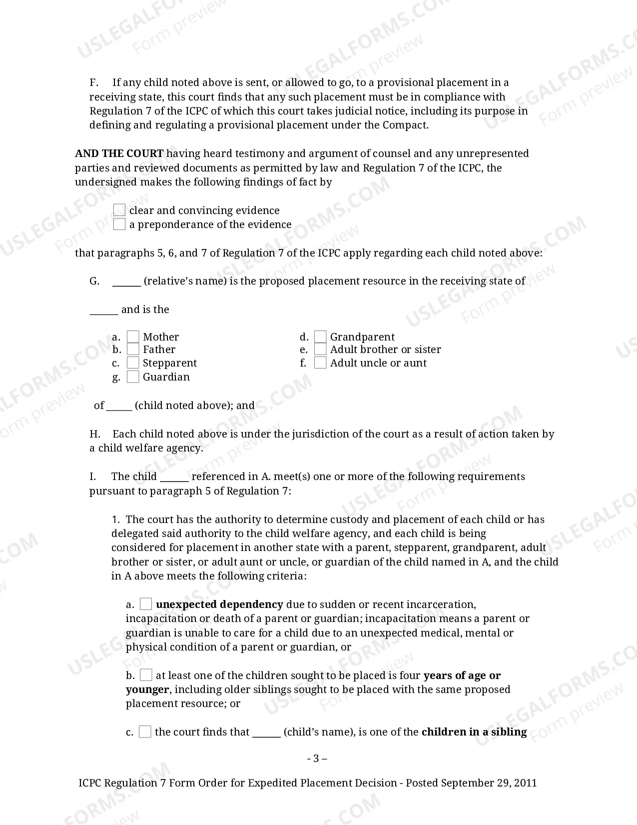 Preview Regulation 7 Form Order for Expedited ICPC
