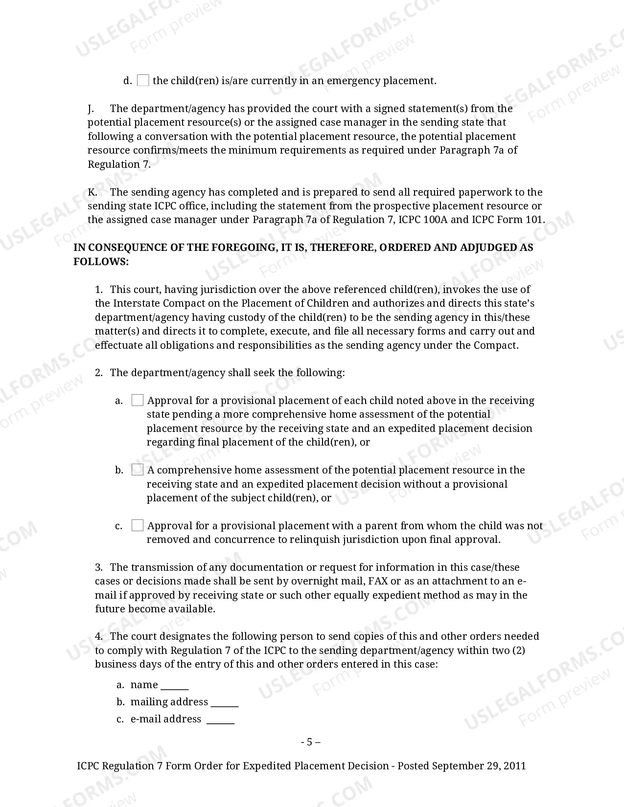 Preview Regulation 7 Form Order for Expedited ICPC