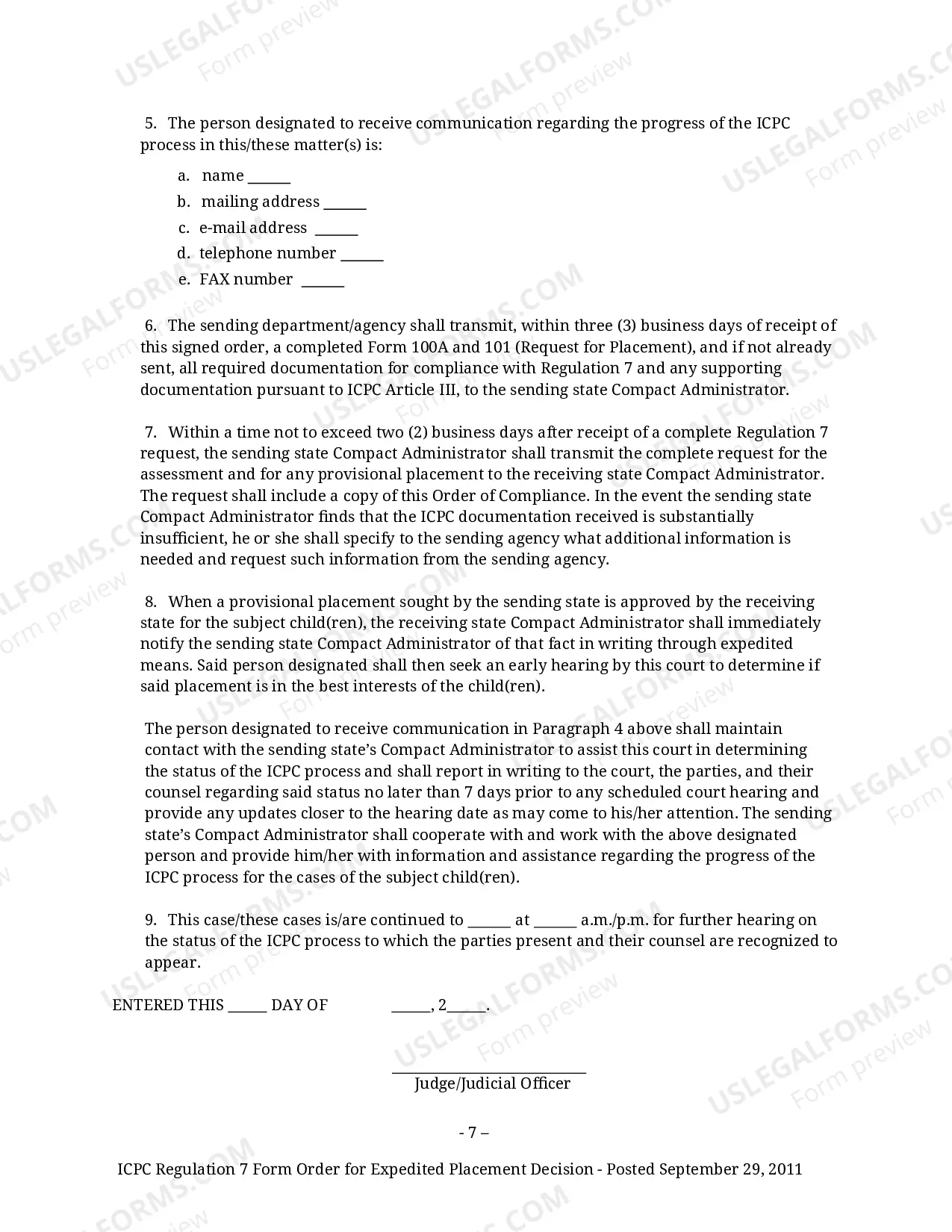 Preview Regulation 7 Form Order for Expedited ICPC