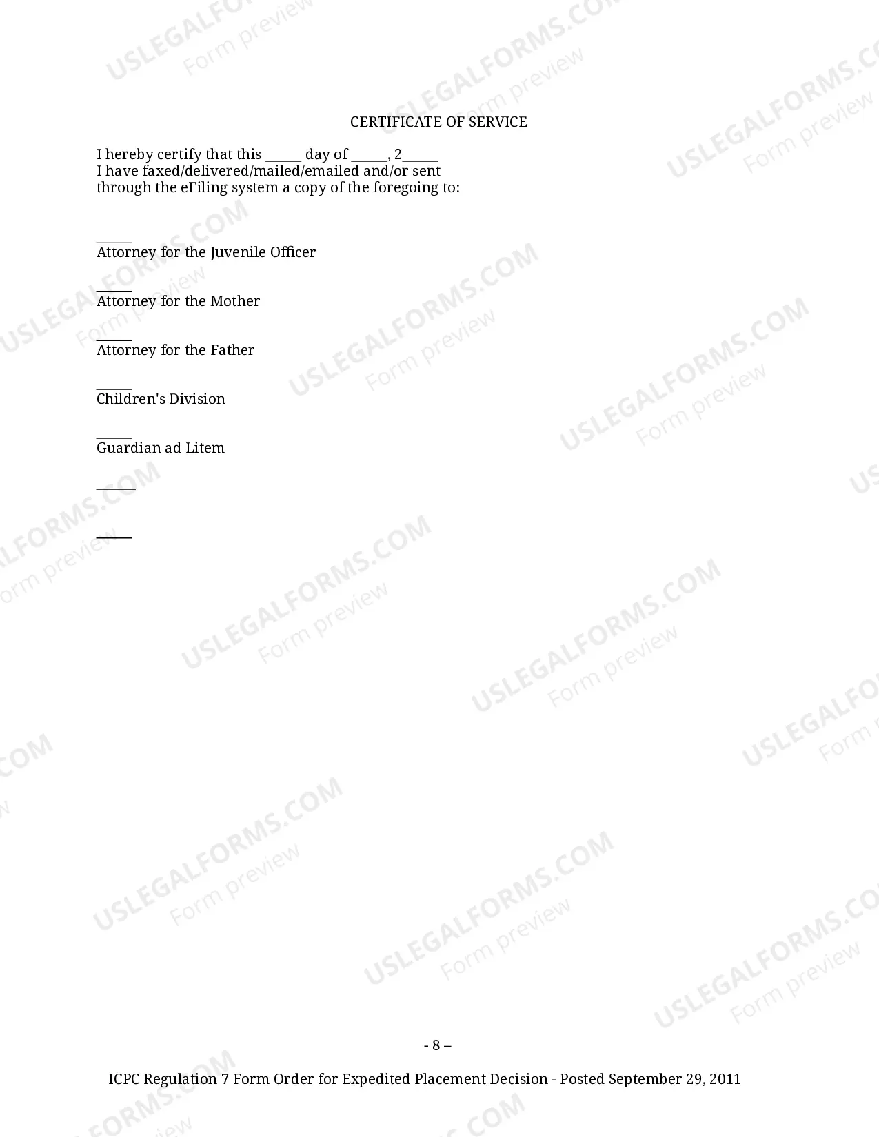 Preview Regulation 7 Form Order for Expedited ICPC