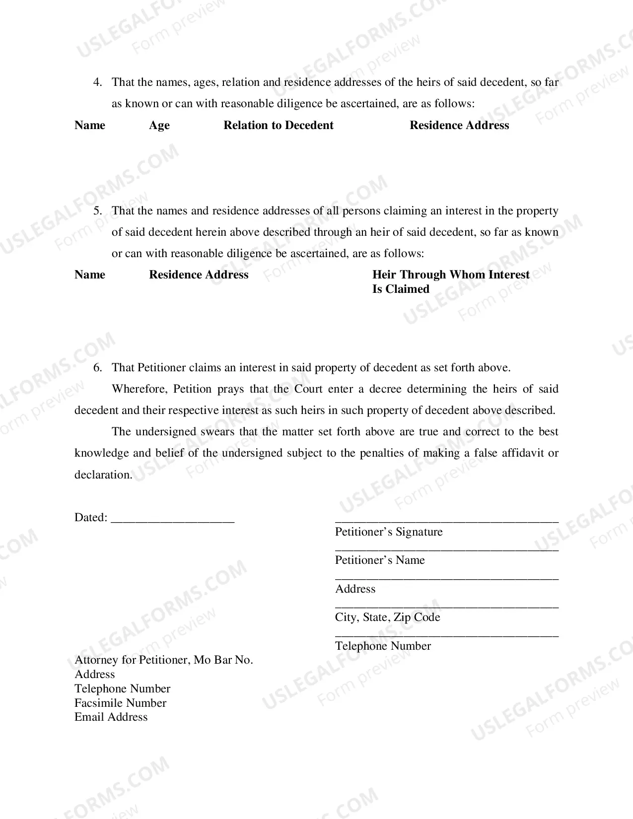 Preview Petition for Determination of Heirship (Sec. 473.633 RSMo) - PDF
