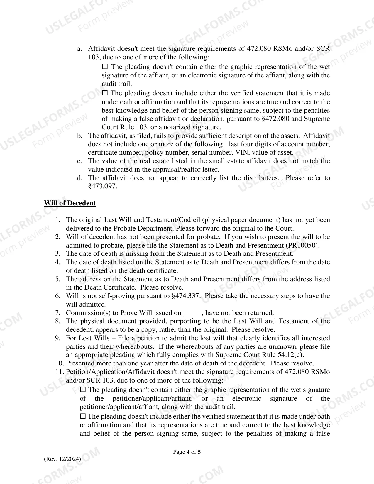 Preview Abbreviated Matters Checklist
