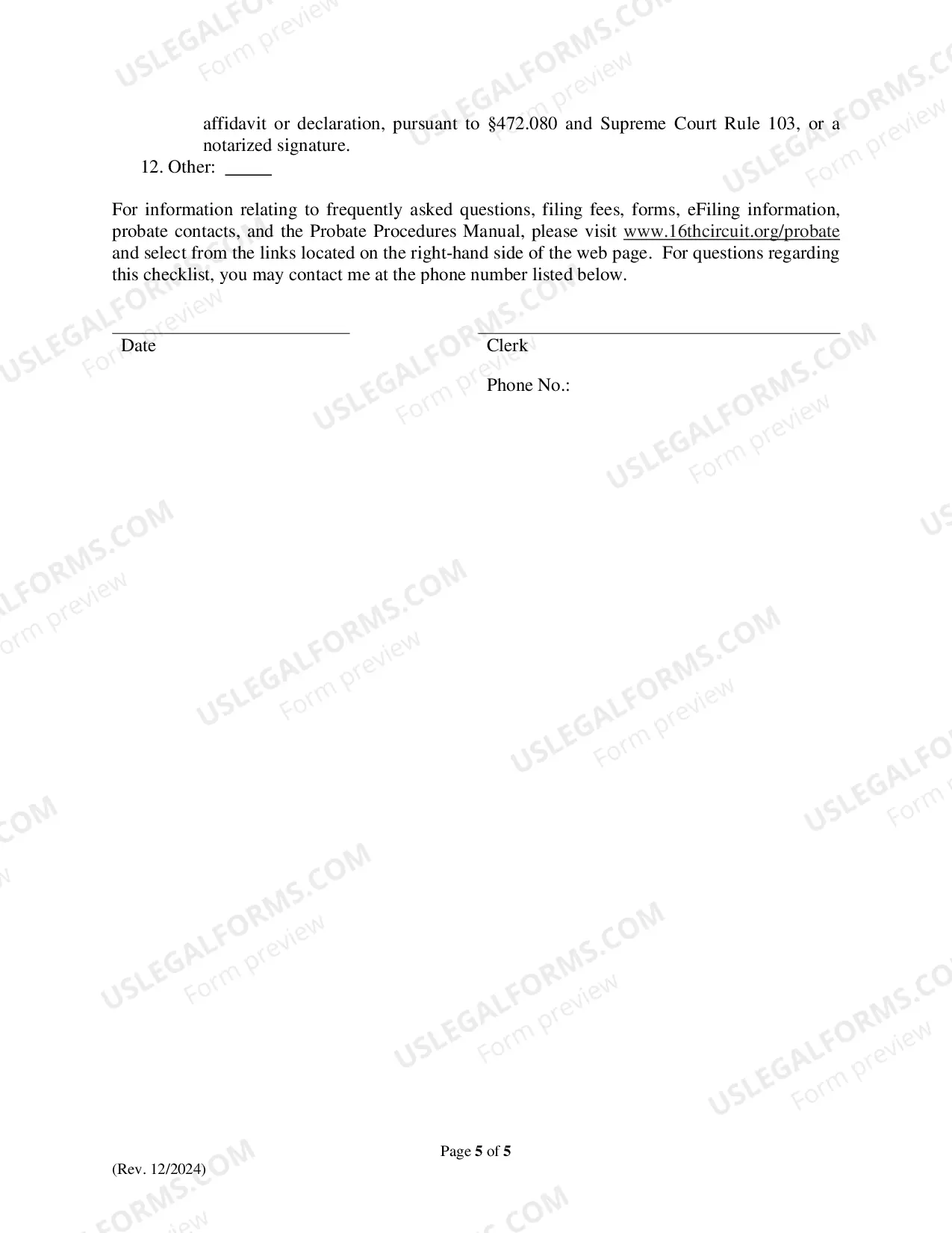 Preview Abbreviated Matters Checklist
