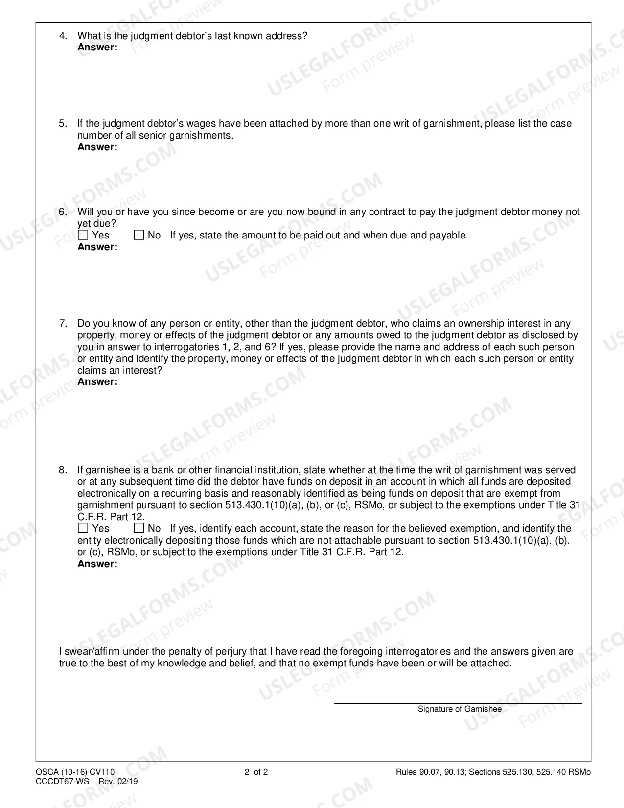 Preview Interrogatories To Garnishee