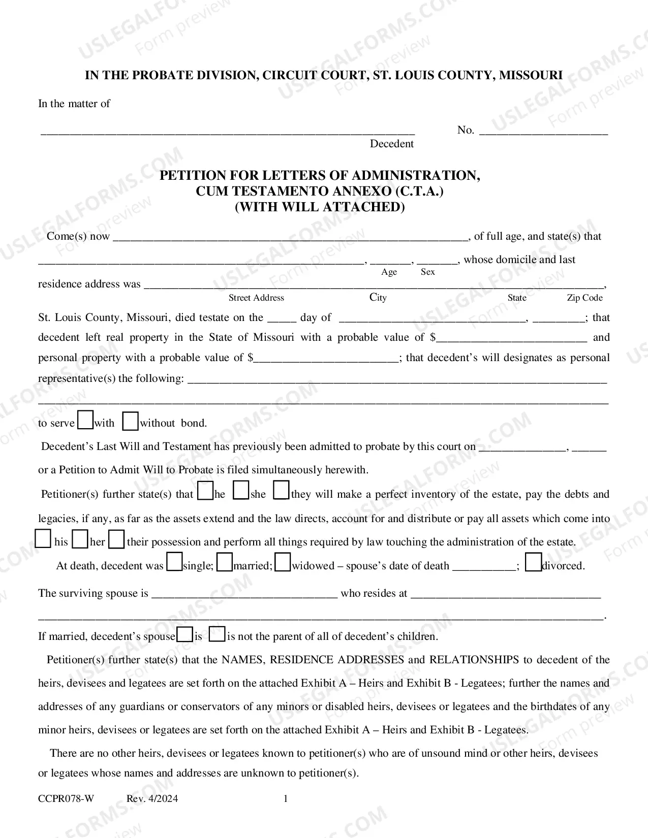 Preview Petition For Letters of Administration, Cum Testamento Annexo (C.T.A.)