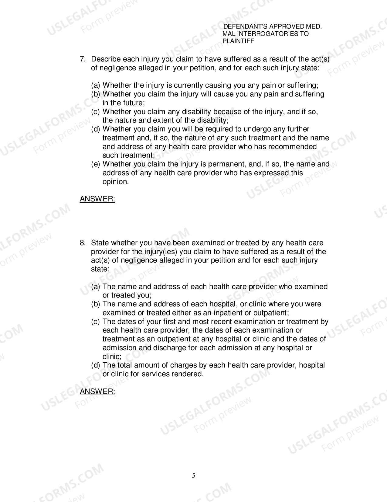Preview Defendants Approved Medical Malpractice Interrogatories To Plaintiff