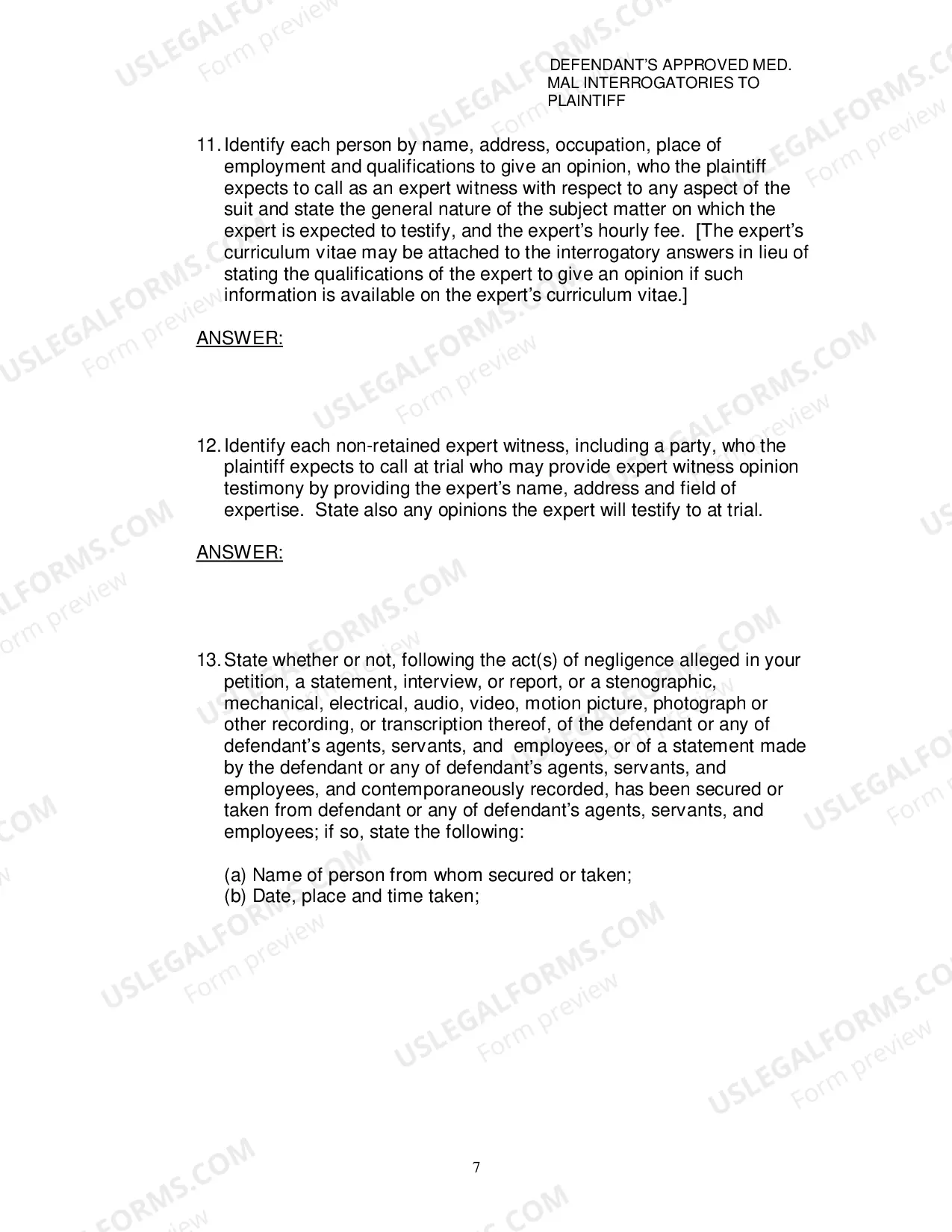 Preview Defendants Approved Medical Malpractice Interrogatories To Plaintiff