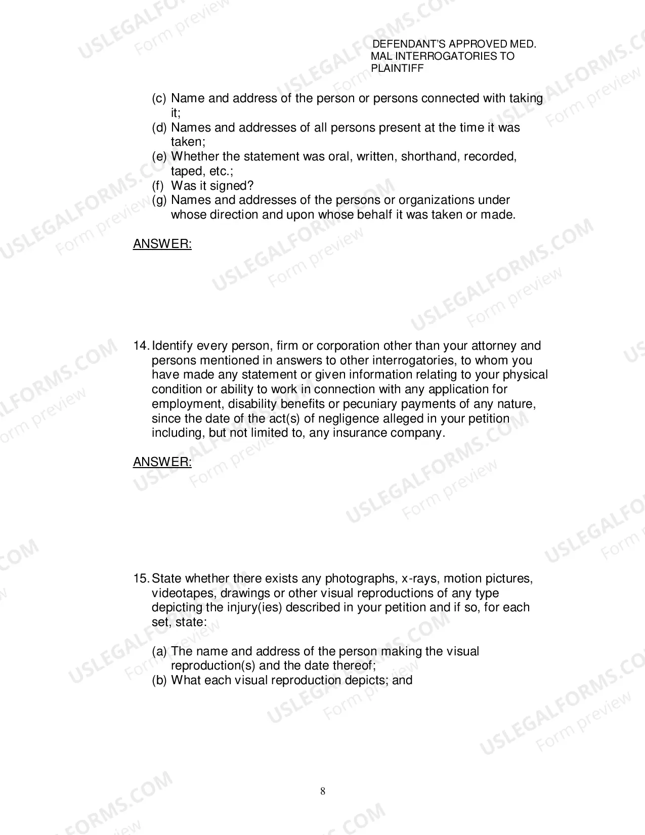 Preview Defendants Approved Medical Malpractice Interrogatories To Plaintiff