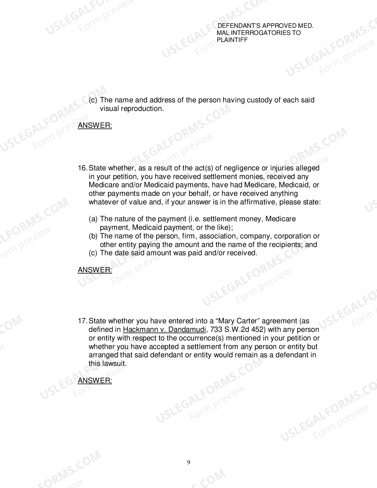 Preview Defendants Approved Medical Malpractice Interrogatories To Plaintiff
