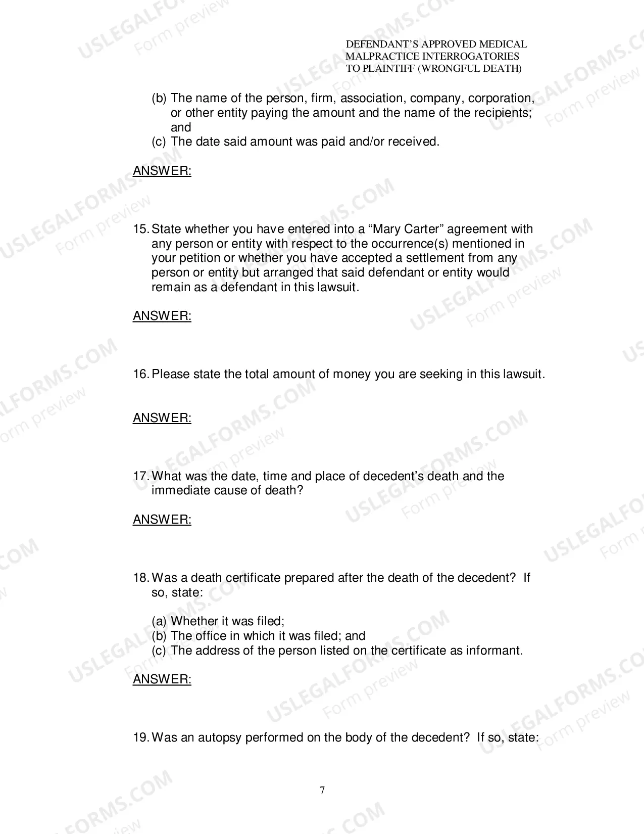 Preview Defendants Approved Medical Malpractice Interrogatories To Plaintiff Wrongful Death