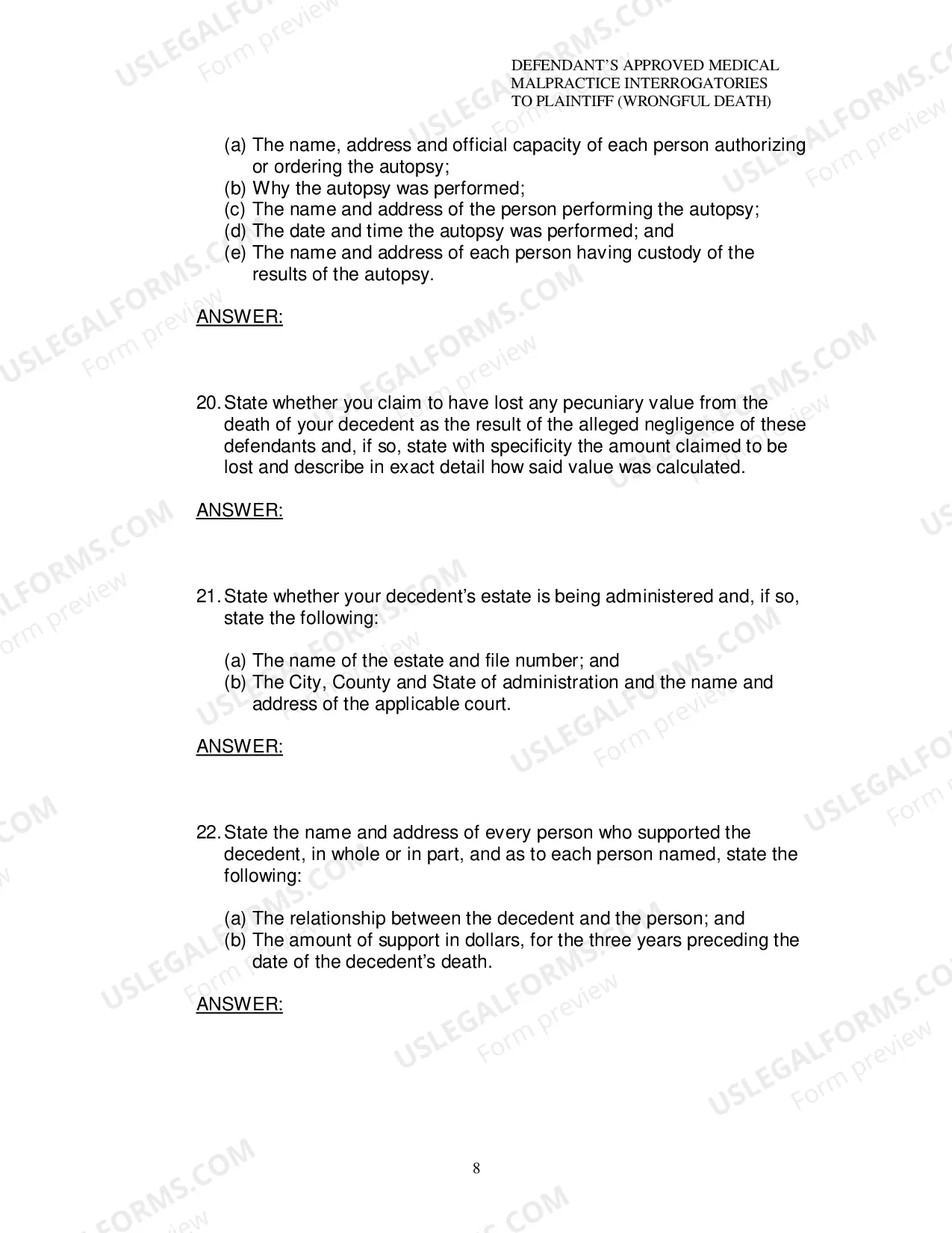 Preview Defendants Approved Medical Malpractice Interrogatories To Plaintiff Wrongful Death