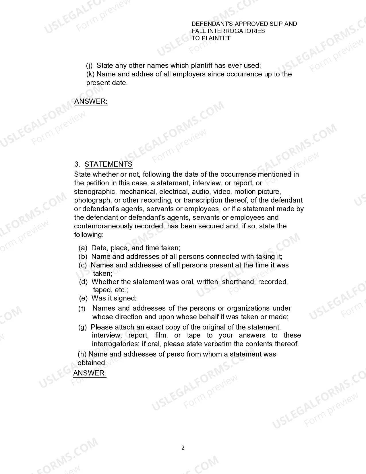 Preview Defendants Approved Slip and Fall Interrogatories To Plaintiff