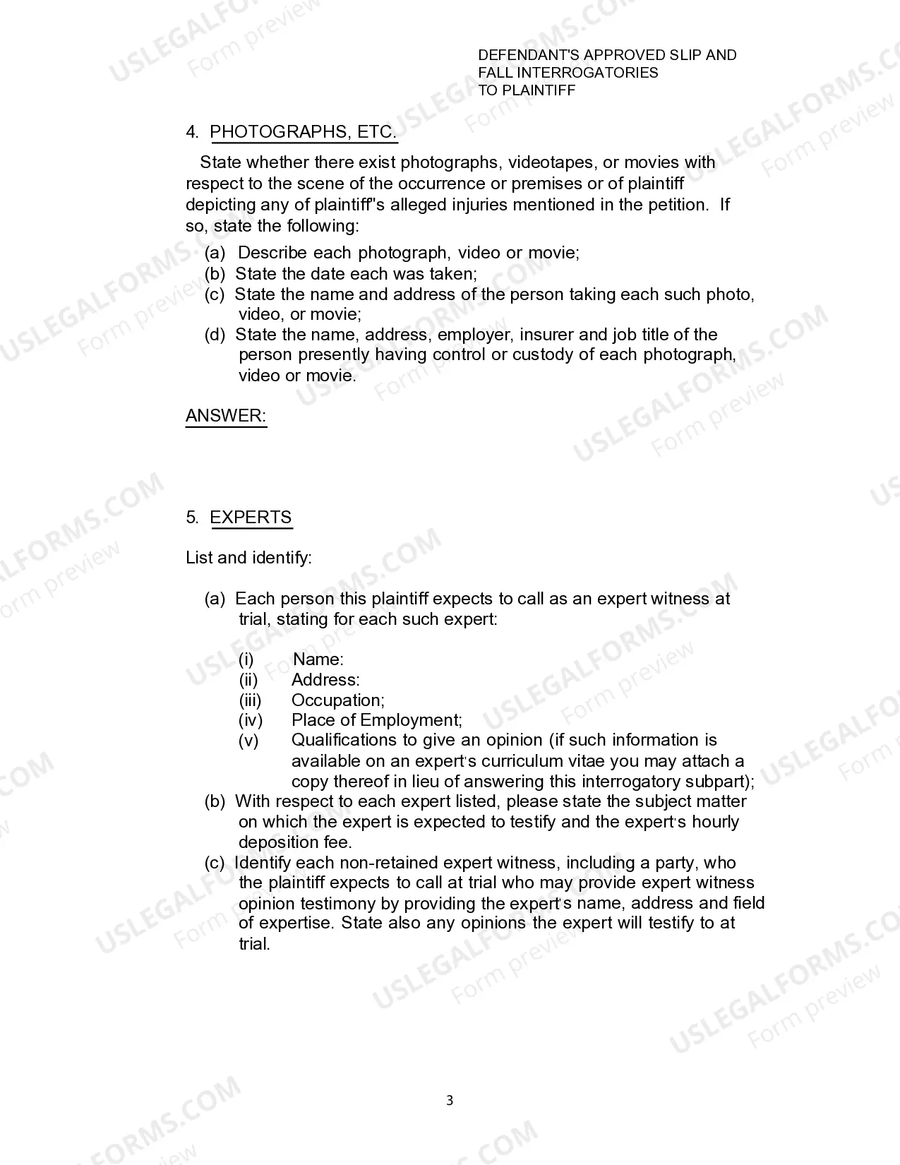 Preview Defendants Approved Slip and Fall Interrogatories To Plaintiff