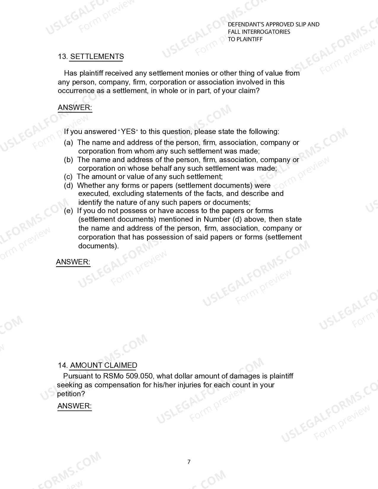 Preview Defendants Approved Slip and Fall Interrogatories To Plaintiff