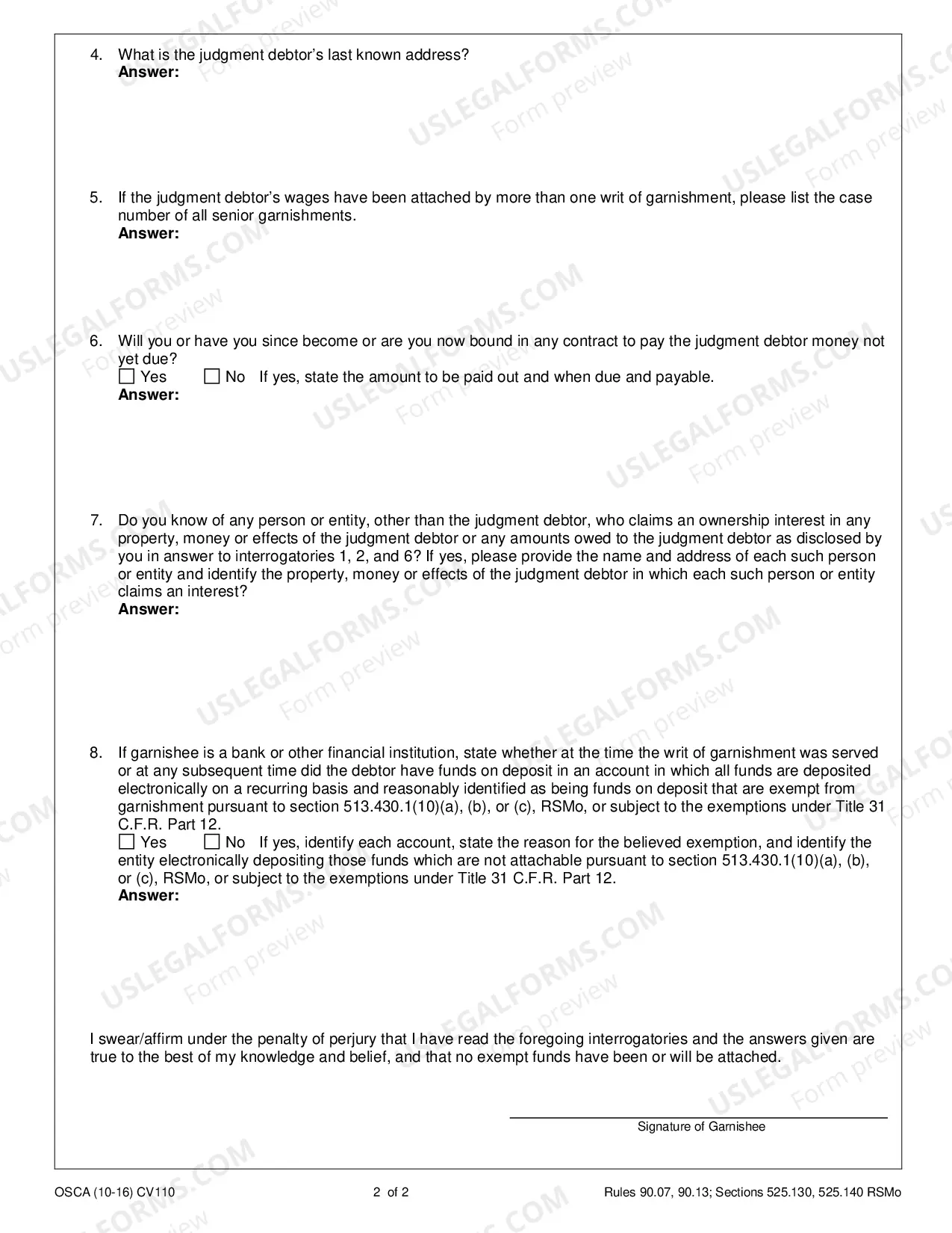 Preview Interrogatories To Garnishee