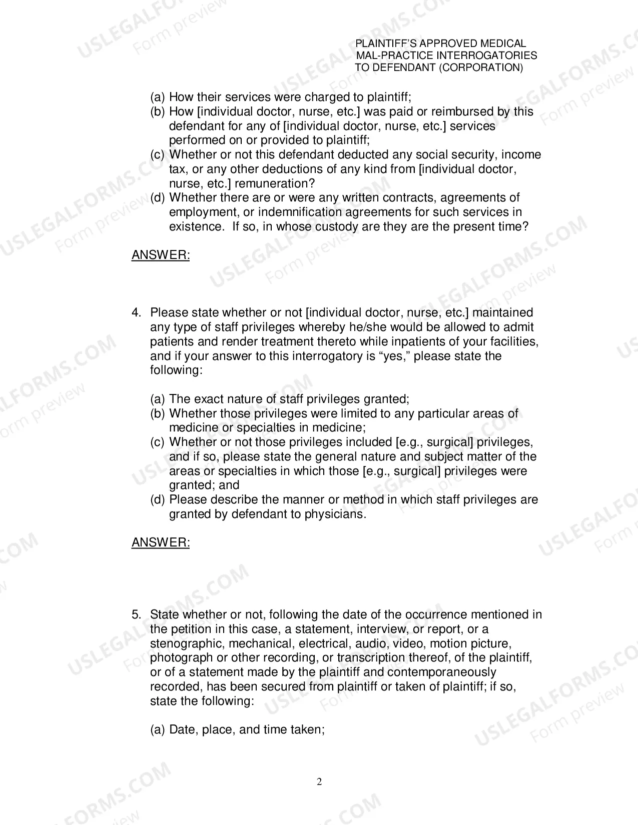 Preview Plaintiffs Approved Medical MalPractice Interrogatories To Defendant Corporation