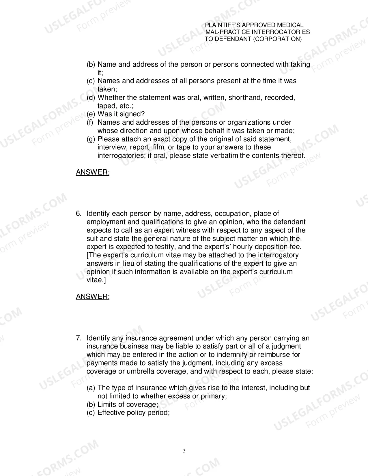Preview Plaintiffs Approved Medical MalPractice Interrogatories To Defendant Corporation