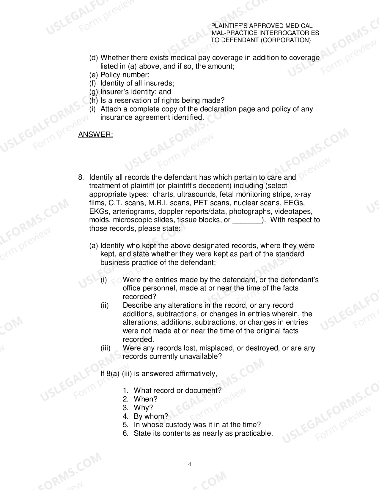 Preview Plaintiffs Approved Medical MalPractice Interrogatories To Defendant Corporation