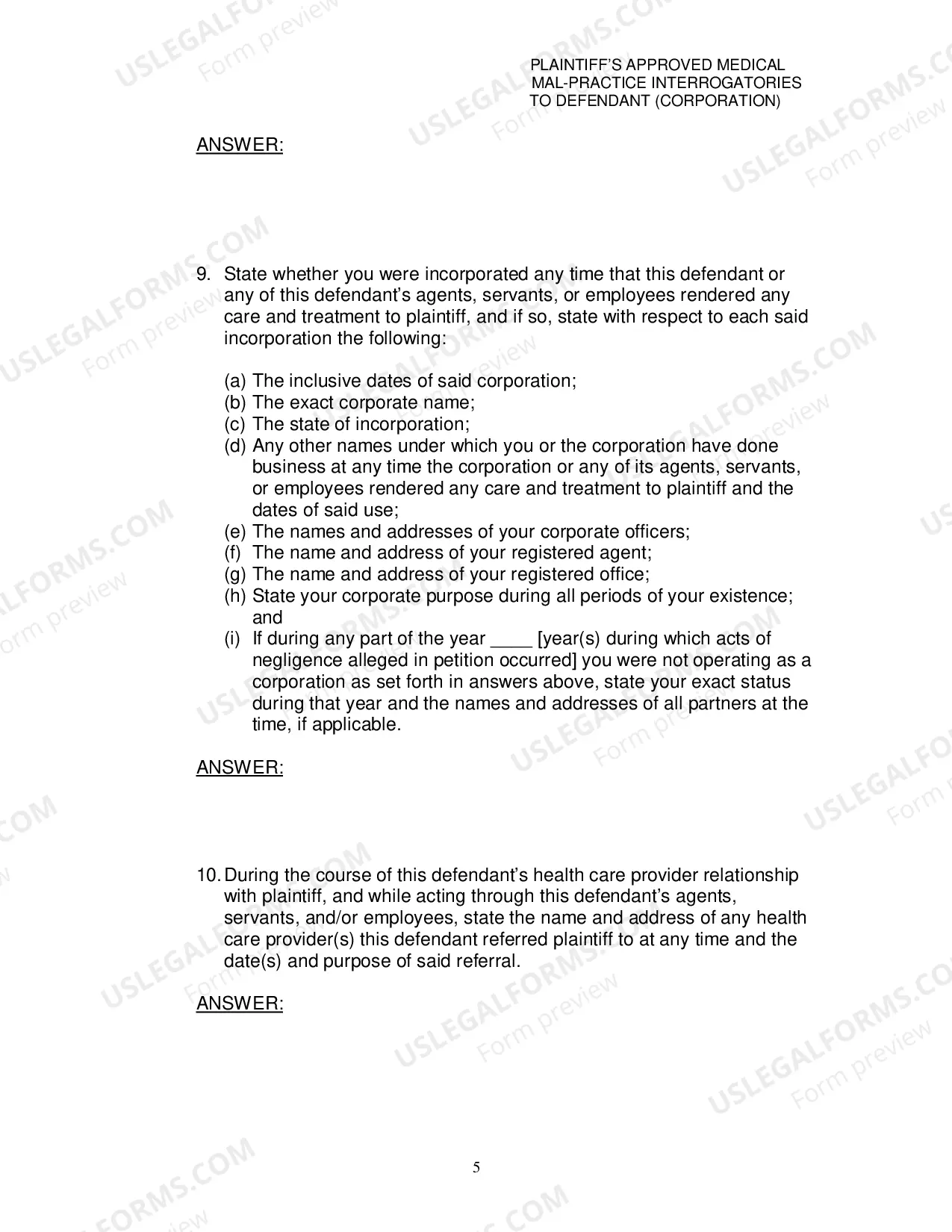 Preview Plaintiffs Approved Medical MalPractice Interrogatories To Defendant Corporation