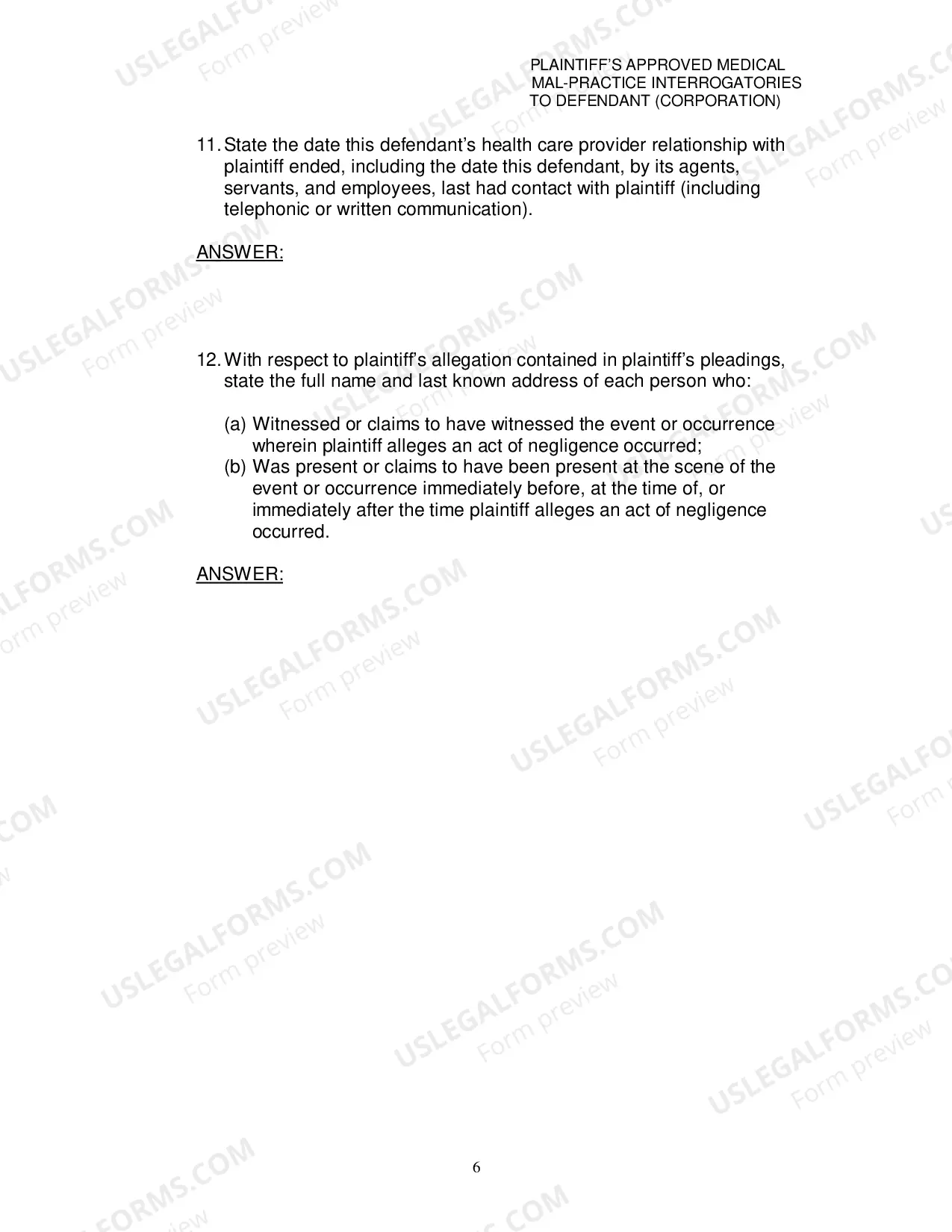 Preview Plaintiffs Approved Medical MalPractice Interrogatories To Defendant Corporation