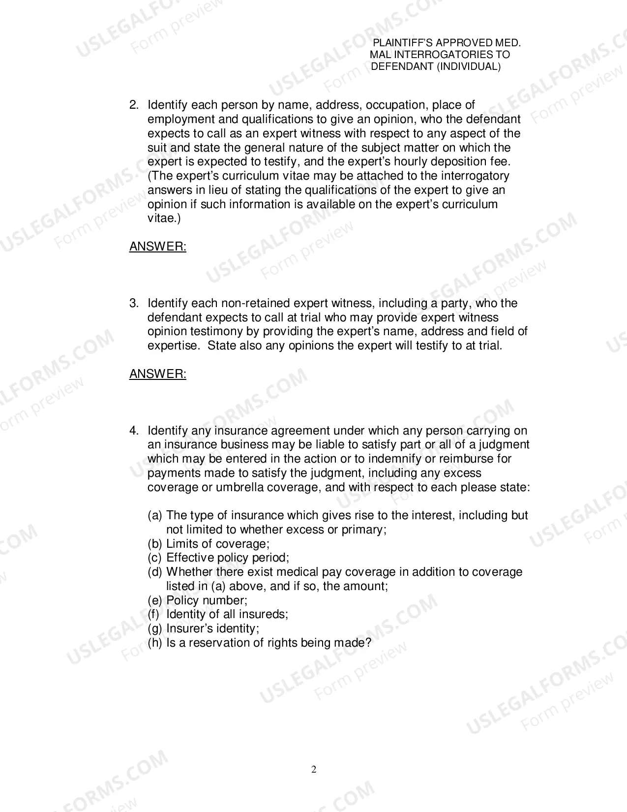 Preview Plaintiffs Approved Medical Malpractice Interrogatories To Defendant Individual