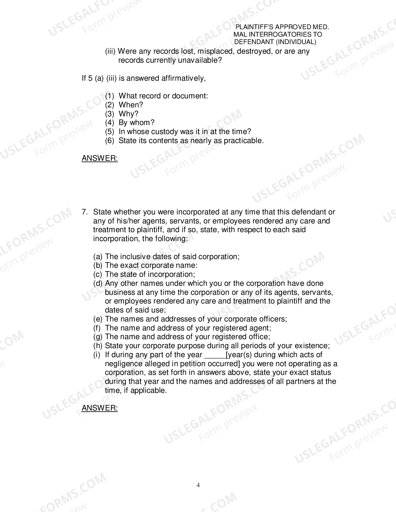 Preview Plaintiffs Approved Medical Malpractice Interrogatories To Defendant Individual