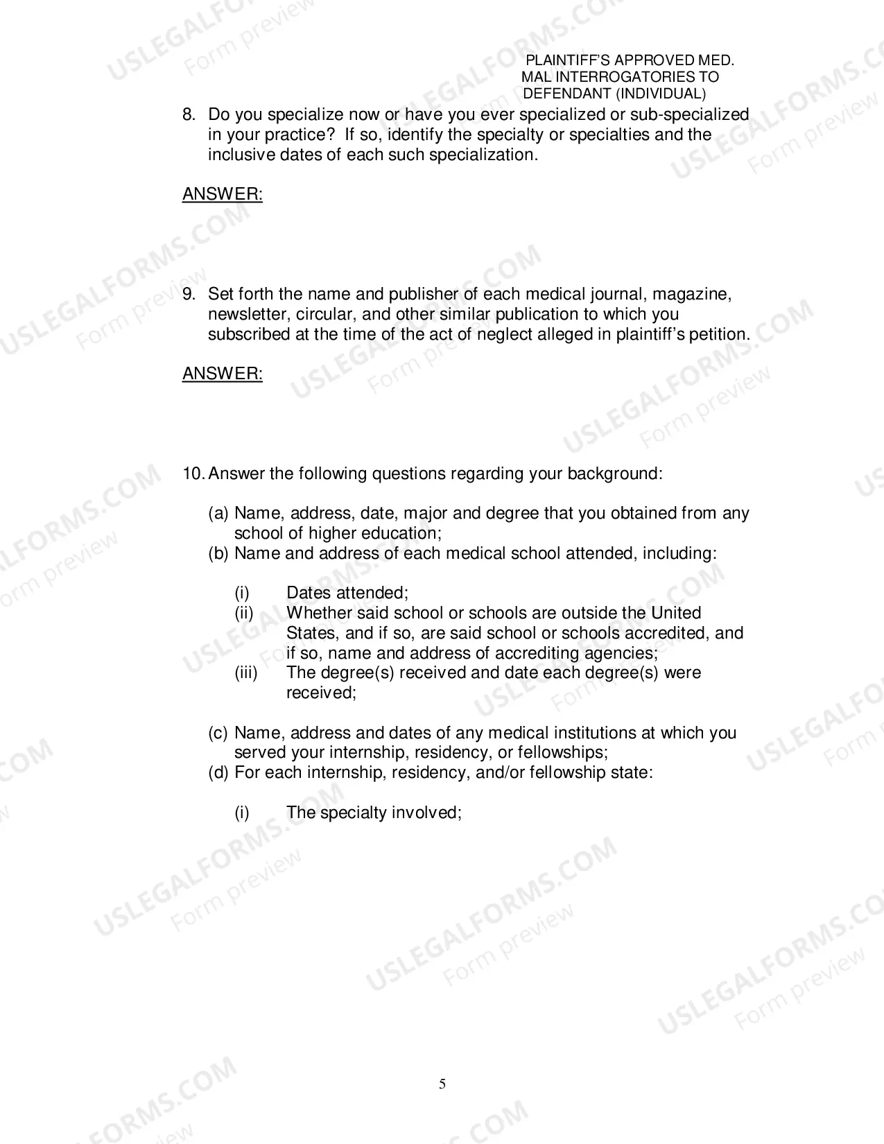 Preview Plaintiffs Approved Medical Malpractice Interrogatories To Defendant Individual