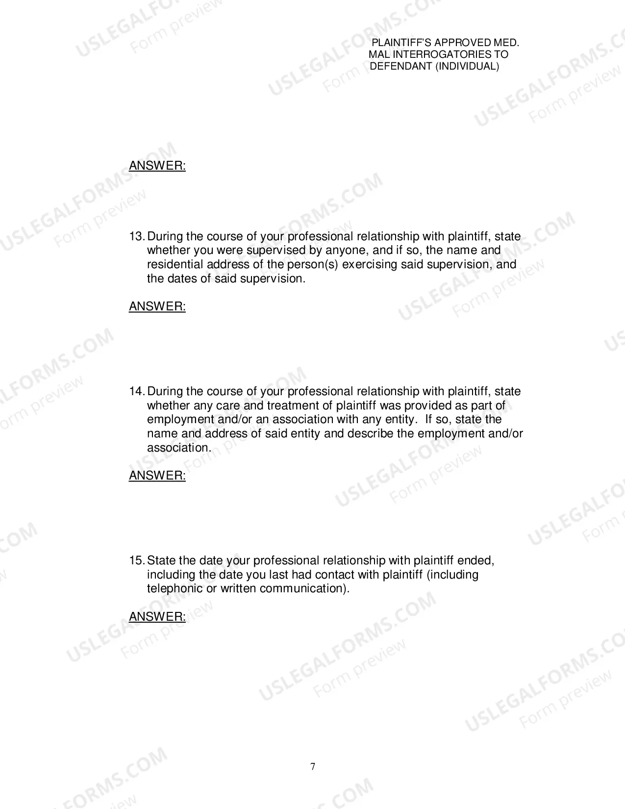 Preview Plaintiffs Approved Medical Malpractice Interrogatories To Defendant Individual