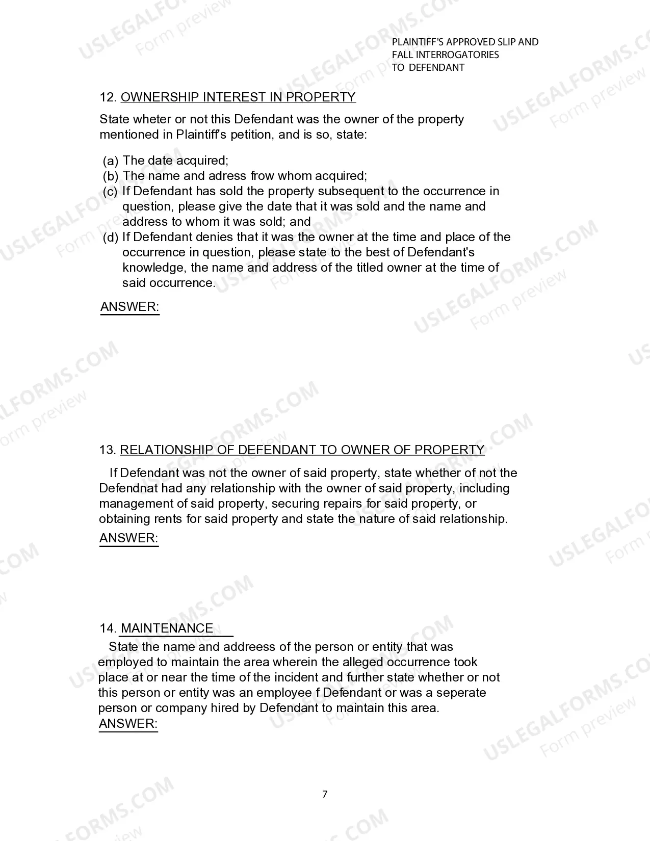Preview Plaintiffs Approved Slip and Fall Interrogatories To Defendant