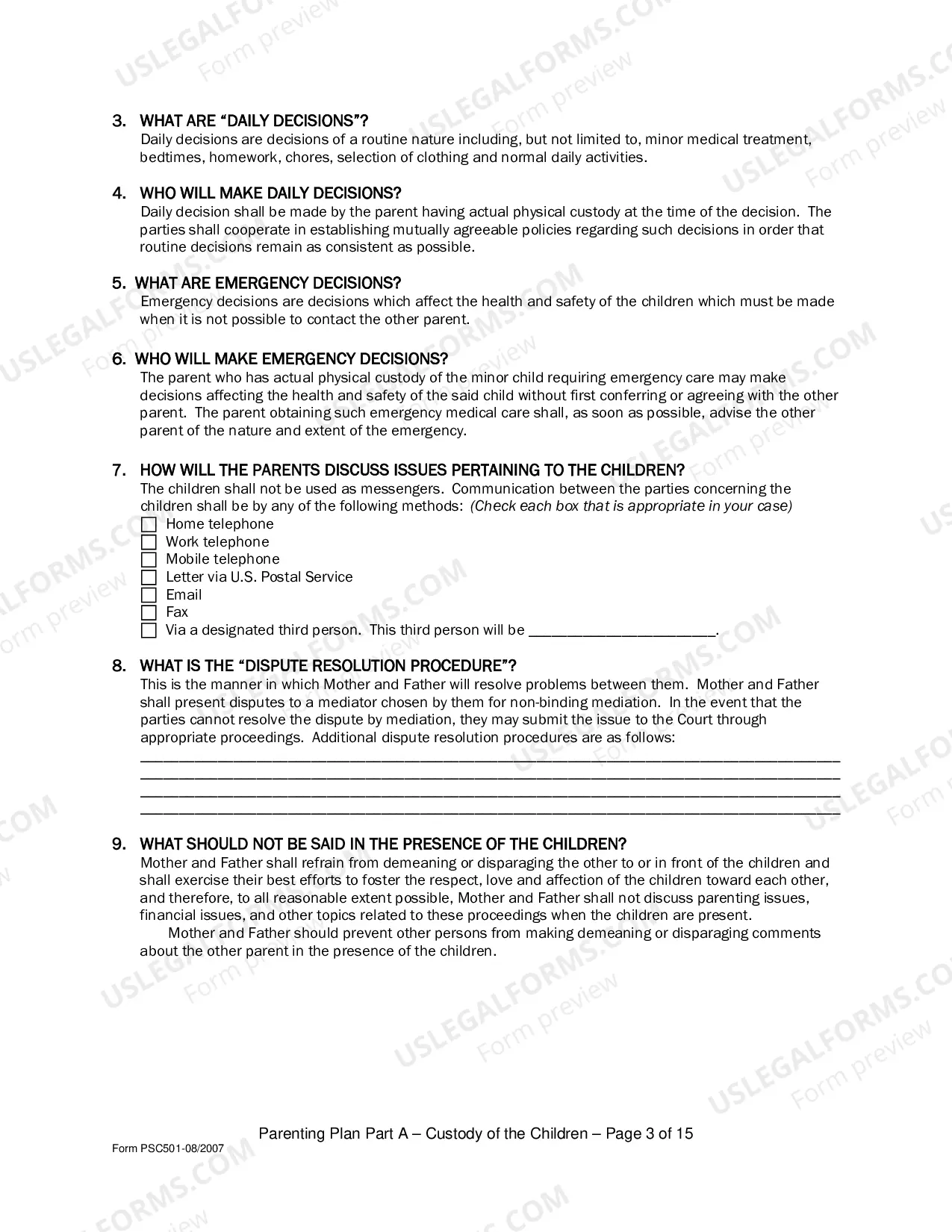 Preview Parenting Plan - Form Psc501