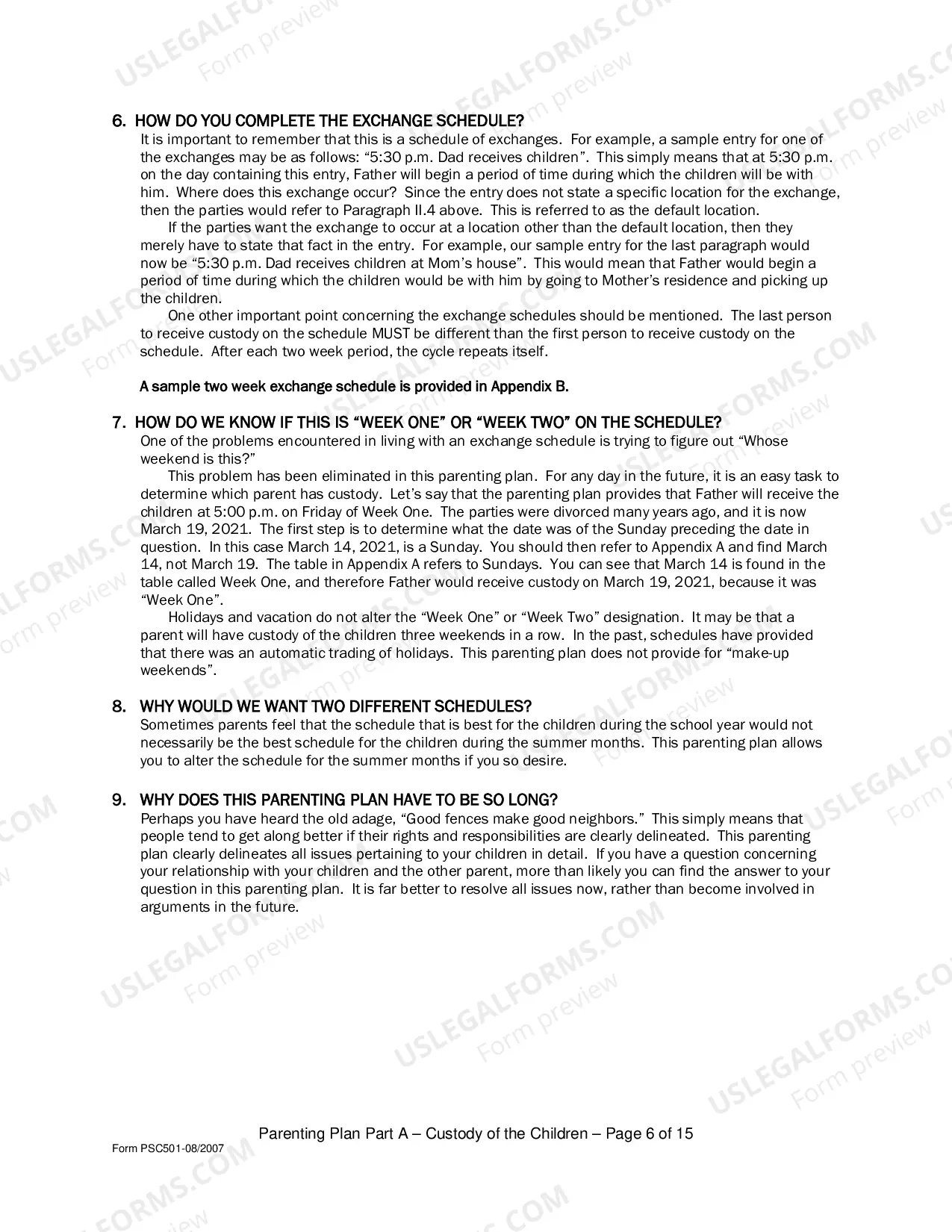 Preview Parenting Plan - Form Psc501