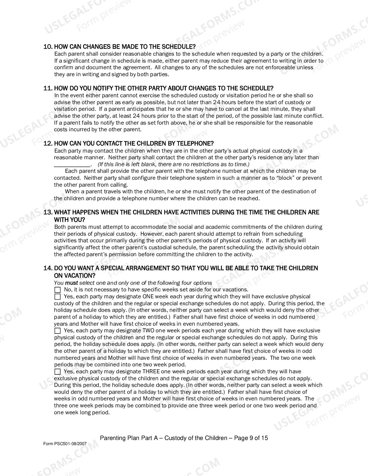 Preview Parenting Plan - Form Psc501