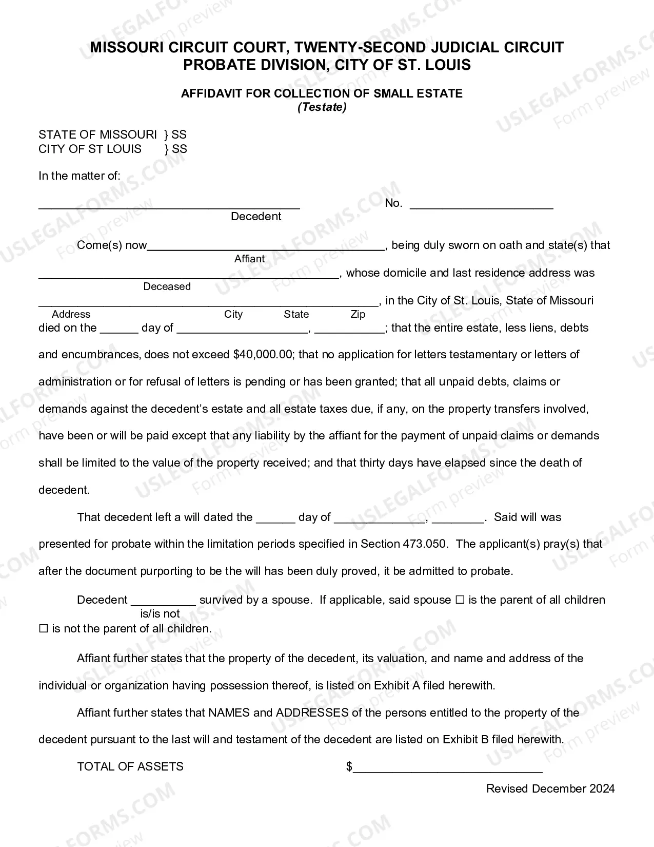 Preview Affidavit For Collection of Small Estate
