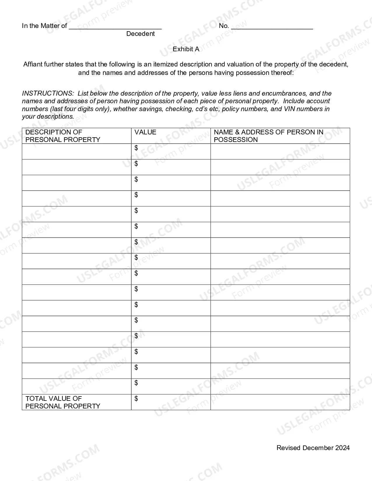 Preview Affidavit For Collection of Small Estate