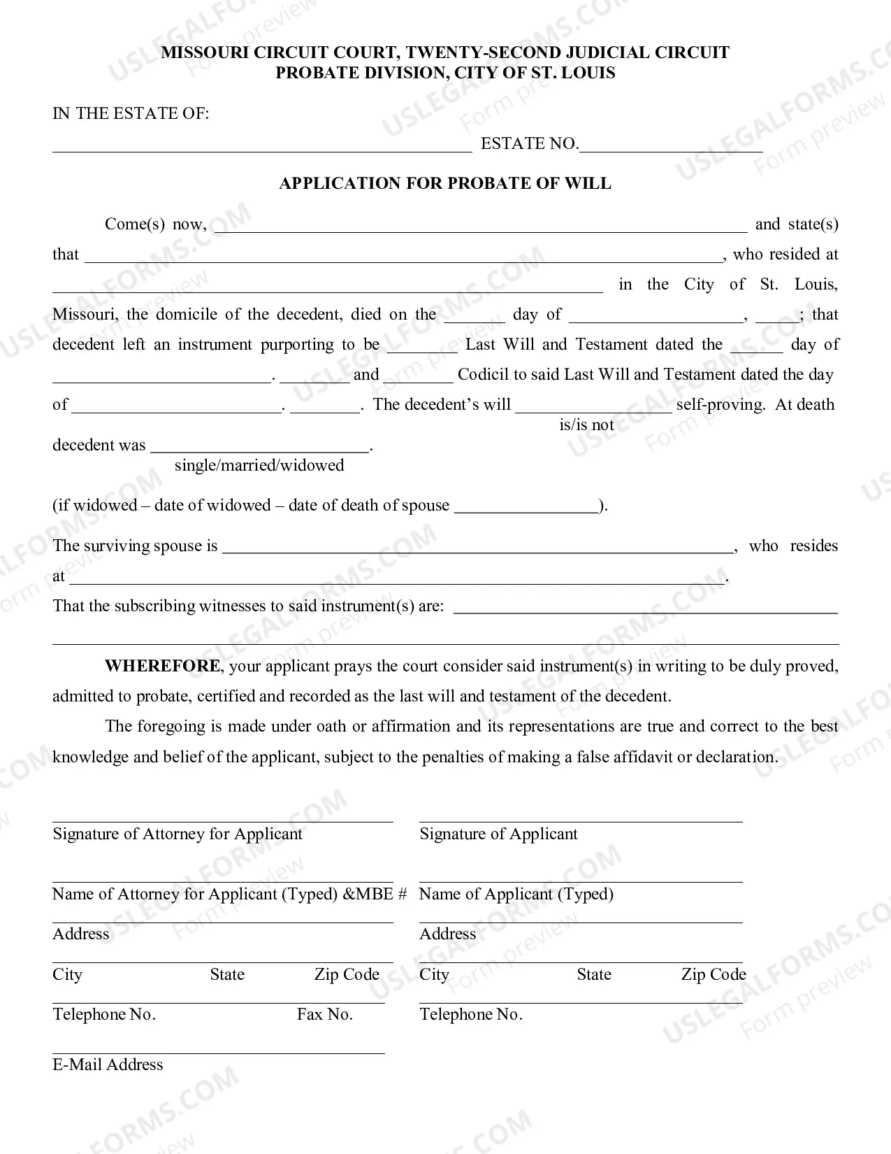 Preview Application For Probate of Will