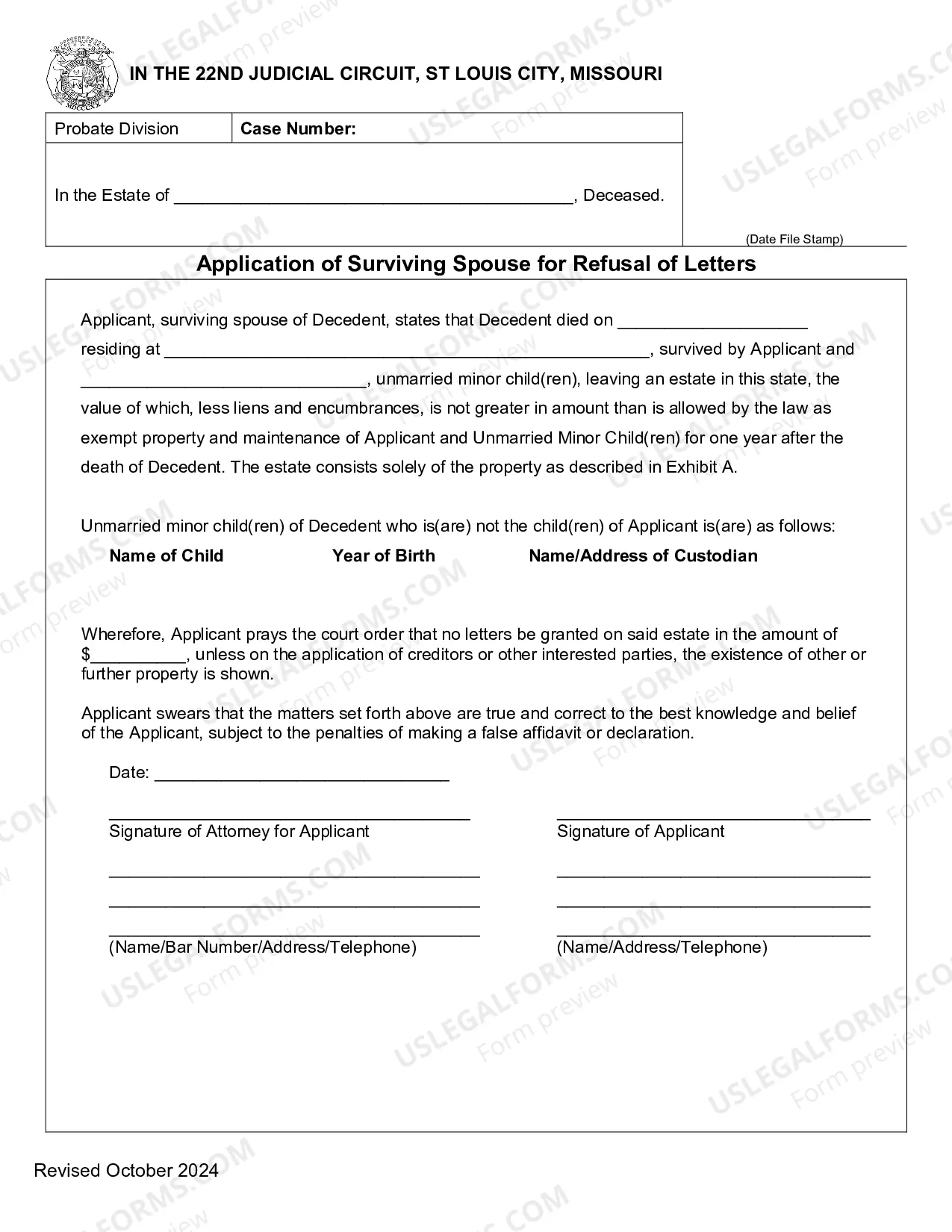 Preview Application of Surviving Spouse For Refusal of Letters
