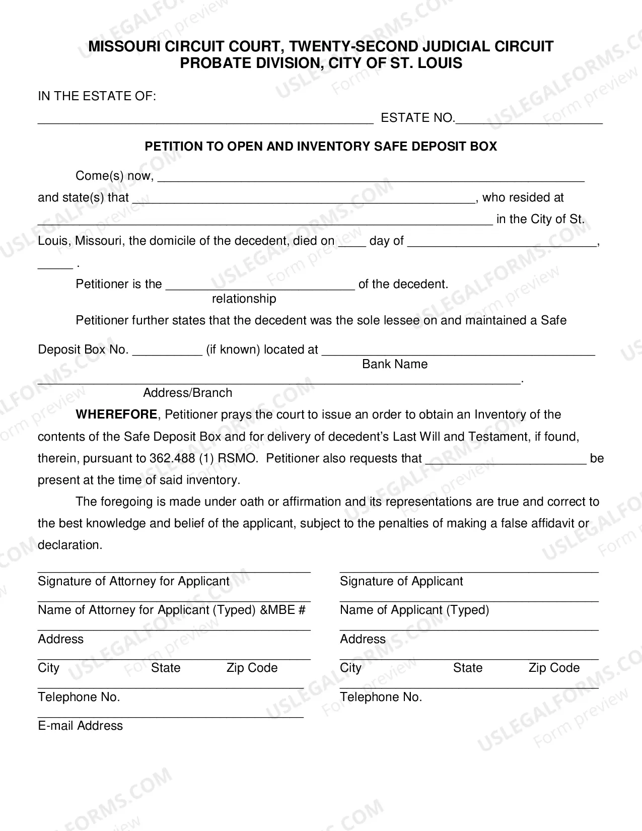 Preview Petition To Open and inventory Safe Deposit Box