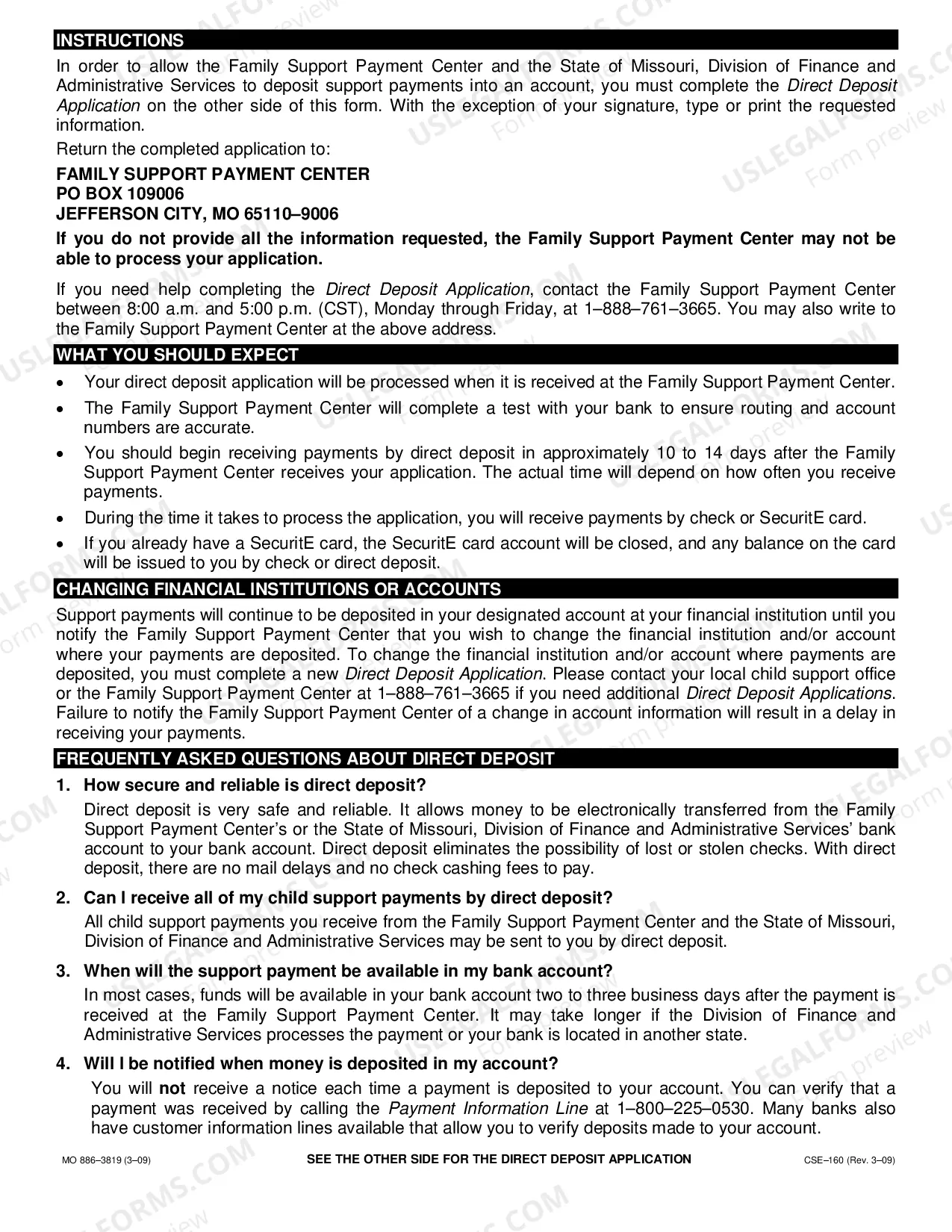 Preview Direct Deposit Application for Child Support and/or Maintenance Payments