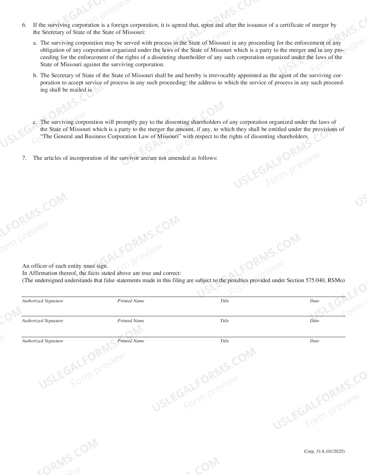 Preview Articles of Merger For Parent Subsidiary Corporations