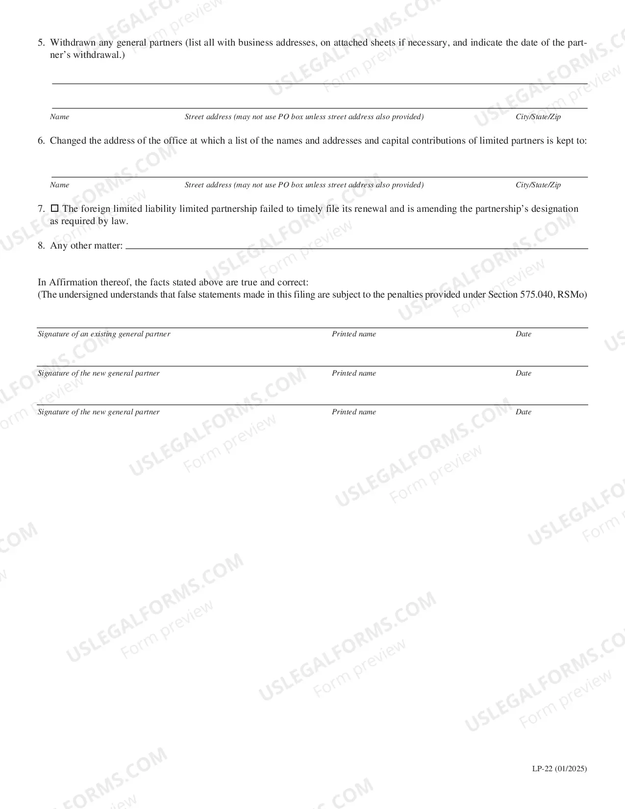 Preview Application For An Amended Registration of A Foreign Limited Partnership In Missouri